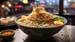 photo of a bowl of asian noodles against the background of an asian tradional market made by AI generative