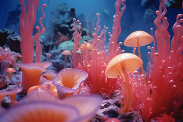 Poster - A coral reef scene with abstract, colorful shapes of marine life.