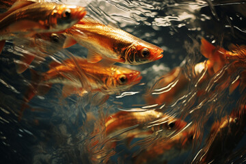 Poster - A school of fish depicted as a flowing, metallic-hued abstract swarm.