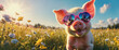 Cute piglet wearing heart shaped sunglasses in a sunny meadow
