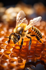 Poster - A bee abstractly depicted with geometric shapes and honeycomb patterns.