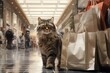 A gorgeous cat in the supermarket is standing near craft paper shopping bags and looks in the camera