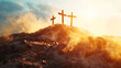 Three crosses on top of the mountain in the sunlight. Christian symbols. 