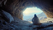 Resurrection. Jesus Christ sitting in the burial cave.