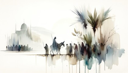 palm sunday. christ's triumphal entry into jerusalem. silhouette of a man riding a donkey on a backg