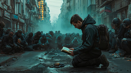 Wall Mural - Unity in Prayer, Faith Beyond Destruction. Man reading the Bible in the street during war.