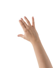 Wall Mural - young woman hand reaching or holding something isolated on white background