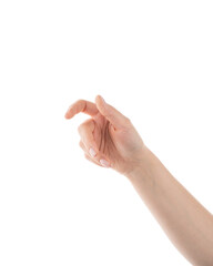 Wall Mural - Young woman hand reaching or holding something isolated on white background