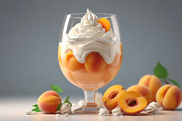 Delicious apricot dessert with whipped cream in glass on grey background