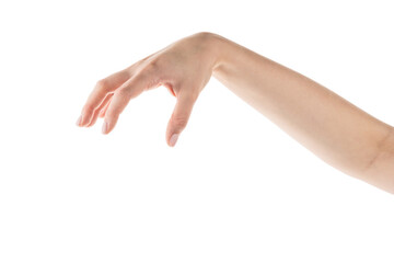 Canvas Print - Young woman hand holding something with fingers from the top isolated on white background