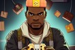 black cool guy gamer holding game controller in cartoon style with amazing background logo style AI