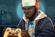 black cool guy gamer holding game controller in cartoon style with amazing background logo style AI