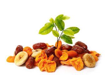 Wall Mural - Green sprout on a mixture of dried fruits on a white background. Symbols of the Jewish holiday Tu Bishvat (BeShvat)