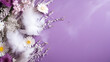 Esters composition with white feathers and eggs on purple background, generative ai