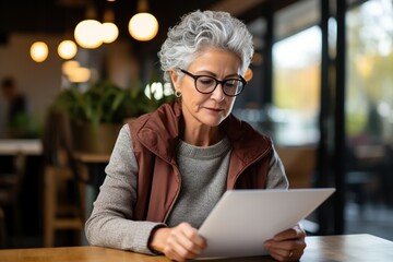 Thoughtful senior woman reading a document in a cafe