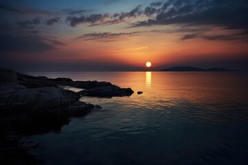 Sticker - A breathtaking view of the sun setting over the ocean, with rocks in the foreground, A heart-shaped moon over a calm sea, AI Generated