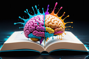Poster - Liquid Color design background fly out of the book as a fantasy. colorful brain splash Brainstorm and study concept