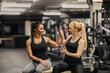 © Dusan Petkovic - Two sportswomen sitting in a gym and giving high five for teamwork while using a phone for fitness app.