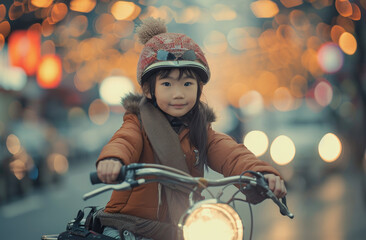 Wall Mural - a young girl riding his bicycle in city