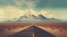 Abstract Art Background Of The Road Lead To The Mountains In Retro Style 