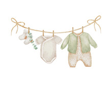 Baby Clothes Hanging On A Rope Isolated On White Background. Watercolor Hand Drawn Illustration. Kids Clothing, Socks, Eucalyptus Branch.  Perfect For Cards, Invitations And Packaging.