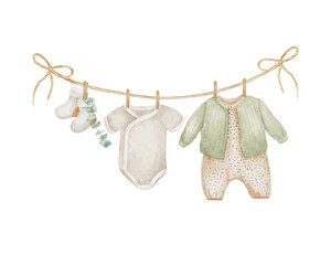 baby clothes hanging on a rope isolated on white background. watercolor hand drawn illustration. kid