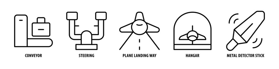 Metal Detector Stick, Hangar, Plane Landing way, Steering, Conveyor editable stroke outline icons set isolated on white background flat vector illustration.