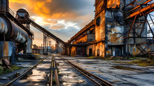 Industrial Relics At Sunset, Abandoned Factory By The River