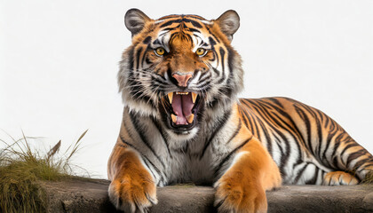 Poster - tiger, cat, wild, open mouth, fangs, isolated white background