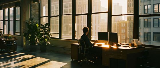 Diligent programmer, office worker, employee alone in a big, empty office in the late afternoon.