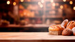 Empty wooden table in front blur bakery background, product display