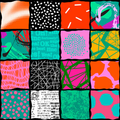 Poster - Colorful seamless pattern with collage art texture. Modern contemporary art background, triangles geometric shape hand drawn print, maximalist patchwork paint
