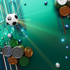 Wall Mural - football with money coin concept. casino soccer game. bet gambling 3D render. 3D illustration. sports background. realistic design. copy space. online game gamble. abstract object. futuristic image