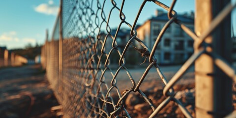 Poster - A picture of a chain link fence with a building in the background. This image can be used to represent security, boundaries, or urban environments