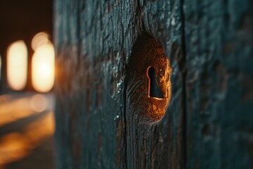Poster - A close-up view of a wooden door with a keyhole. This image can be used to depict security, mystery, or privacy
