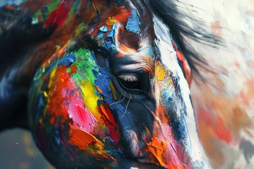 Aufkleber - A close-up view of a horse's face covered in vibrant paint. This unique image can be used for various creative projects and designs