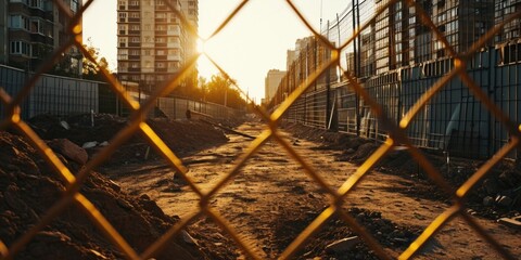Poster - A view of a construction site seen through a chain link fence. This image can be used to depict the progress and activity at a construction site.