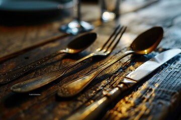 Poster - A wooden table with silverware placed on top. Ideal for showcasing elegant dining setups