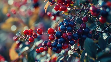 Poster - A close-up view of a bunch of berries on a tree. This image can be used to showcase the beauty of nature or to illustrate concepts related to fruit, agriculture, or healthy eating