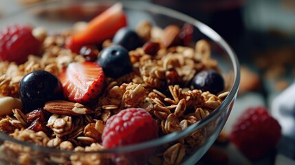 Aufkleber - A delicious bowl of granola topped with fresh berries and crunchy nuts. Perfect for a healthy breakfast or snack