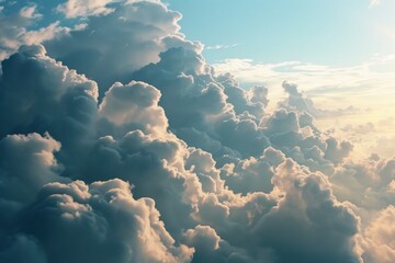 Poster - A plane soaring through a sky filled with fluffy white clouds. Ideal for travel and aviation themes