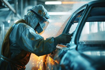 Wall Mural - A man wearing a protective suit is seen working on a car. This image can be used to illustrate car maintenance or repair activities