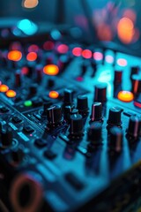 Aufkleber - A close up view of a mixing board in a recording studio. Perfect for showcasing the equipment and technology used in music production.