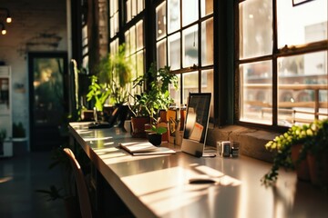 Aufkleber - A desk with a laptop and plants. Perfect for office or home decor