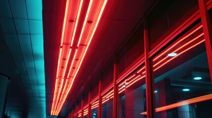 Aufkleber - A picture of a long hallway illuminated by red neon lights. Perfect for adding a futuristic and vibrant touch to any project or design