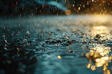 Aufkleber - A detailed view of a puddle of water on a street. This image can be used to depict rain, weather conditions, or urban landscapes