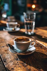 Poster - A cup of coffee resting on a wooden table. Suitable for various uses