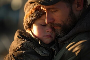 Canvas Print - A man holding a small child in his arms. Perfect for family, love, and parenting concepts