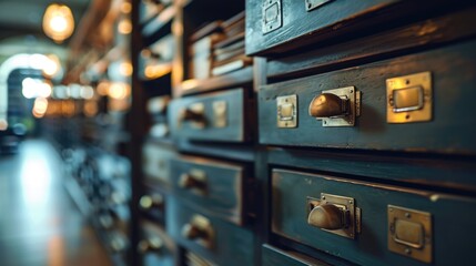 Poster - A room filled with numerous wooden drawers. Perfect for organizing and storing various items. Versatile image suitable for home decor, storage solutions, and organization concepts