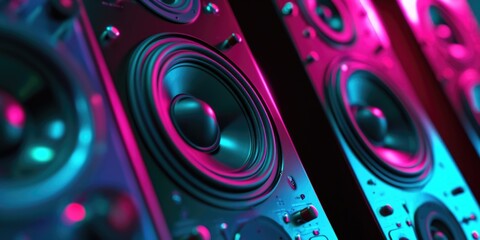 Poster - A close up view of a collection of speakers mounted on a wall. This image can be used to showcase audio equipment, sound systems, or home theater setups.